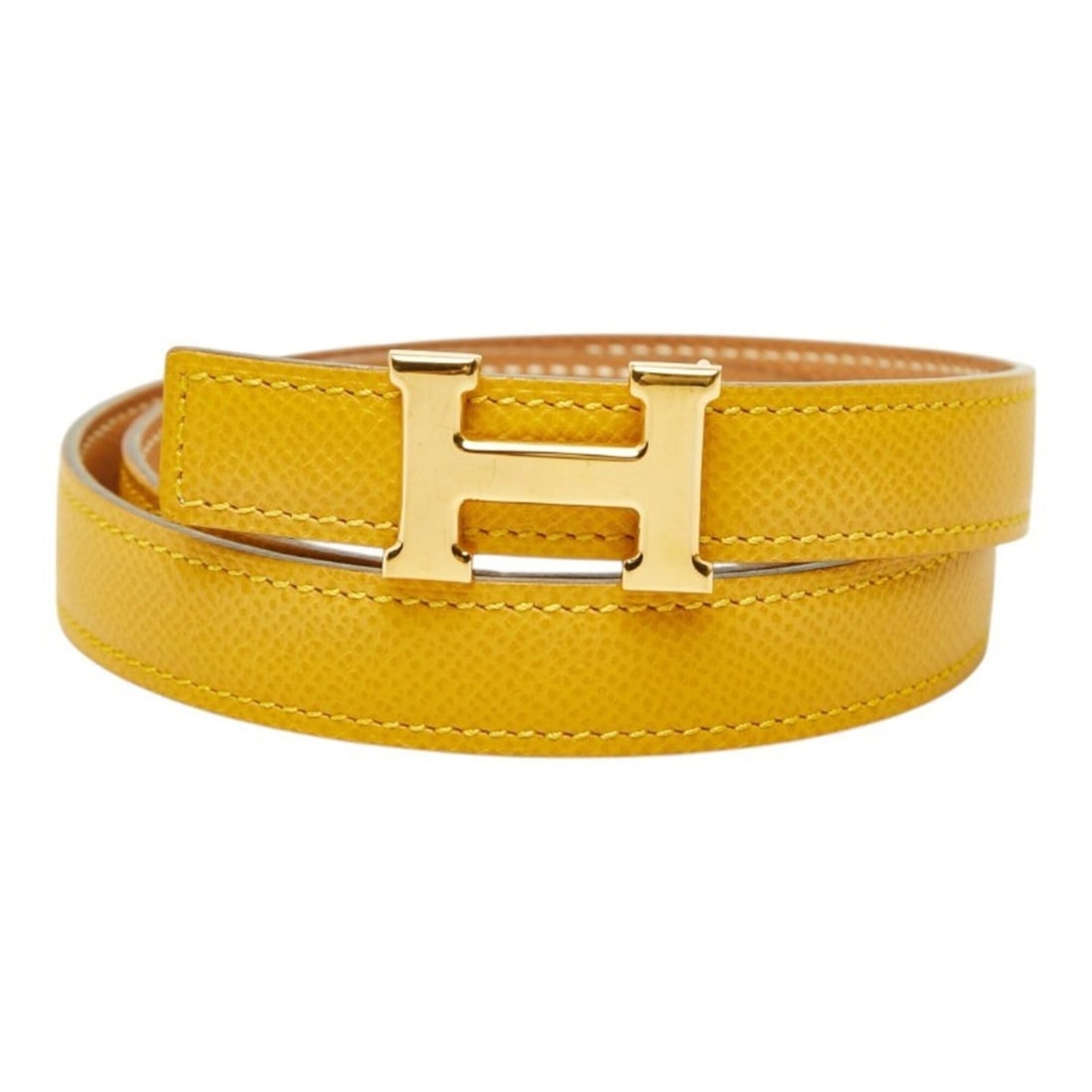 Hermes Constance H-belt, reversible belt, size 65, yellow/brown courchevel leather, women's.: --- Catalog ---Category: SizeWidth: 1.9cm / 0.74''Length: 61.8cm - 66.8cm / 24.33'' - 26.29''Category: DesignType: Standard beltColor: Brown, YellowGender: WomenLeather/Fur Type: Graine couchevel leat