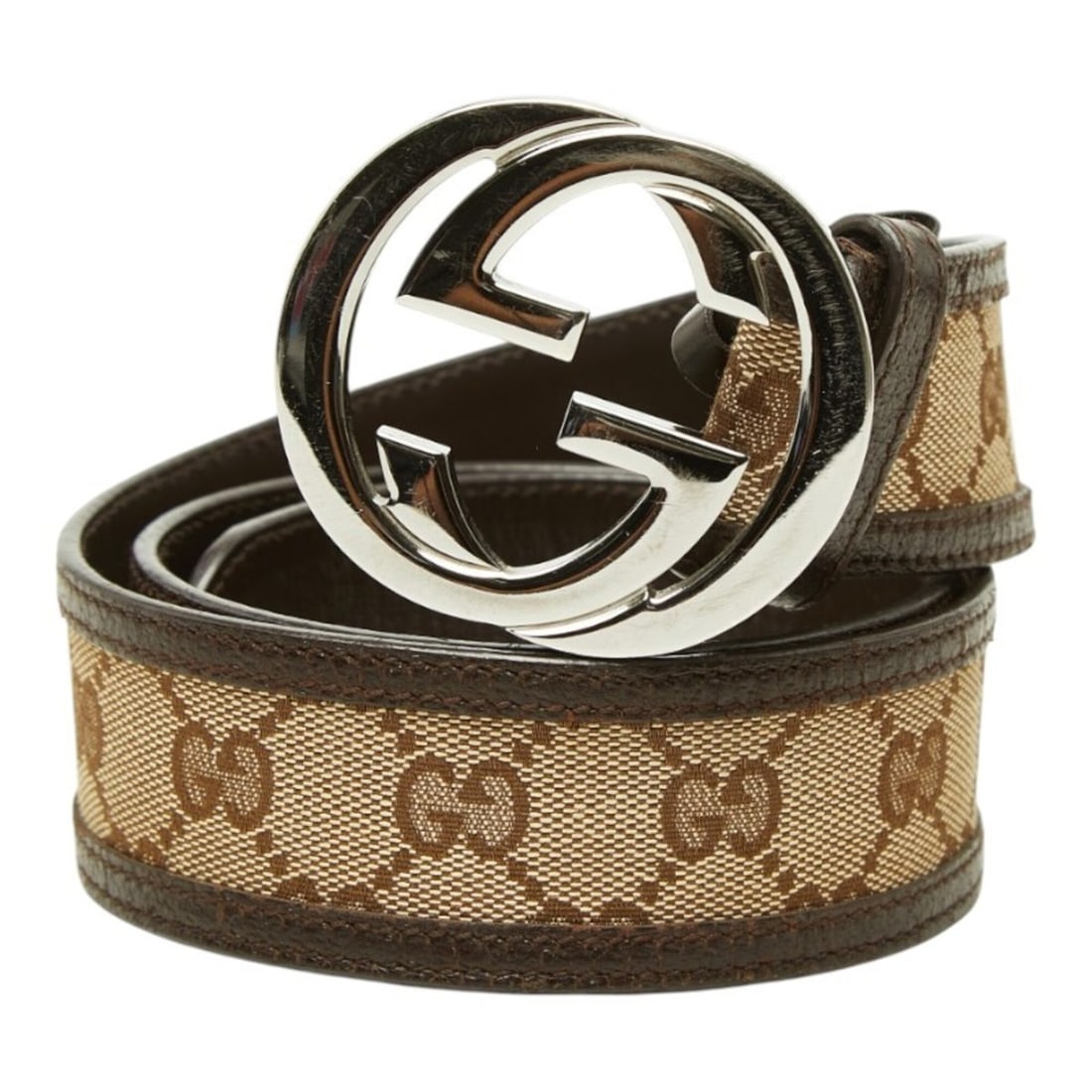 Gucci GG Canvas Interlocking G Belt, Size 80 (32), 114876, Brown Leather, Women's, GUCCI: --- Catalog ---Category: SizeWidth: 3.9cm / 1.53''Length: 74.5cm - 80cm / 29.33'' - 31.49''Category: DesignType: Standard beltColor: BrownGender: WomenMaterial (Strap): Canvas , Leather Category: Gene