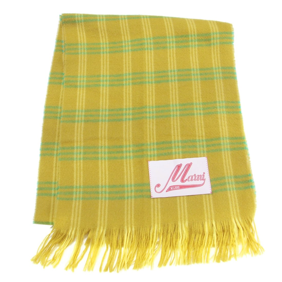 MARNI (Marni) Scarf, Fall/Winter 2023, Wool, Checkered, Fringe, Logo Label, Yellow, Made in Italy,: --- Catalog ---Category: SizeSize (LxW): 2.25m x 41.5cm / 88.58'' x 16.33''Category: DesignType: StoleColor: YellowGender: WomenMaterial: Wool Category: GeneralBrand: MarniCountry of Origin: Italy--- 