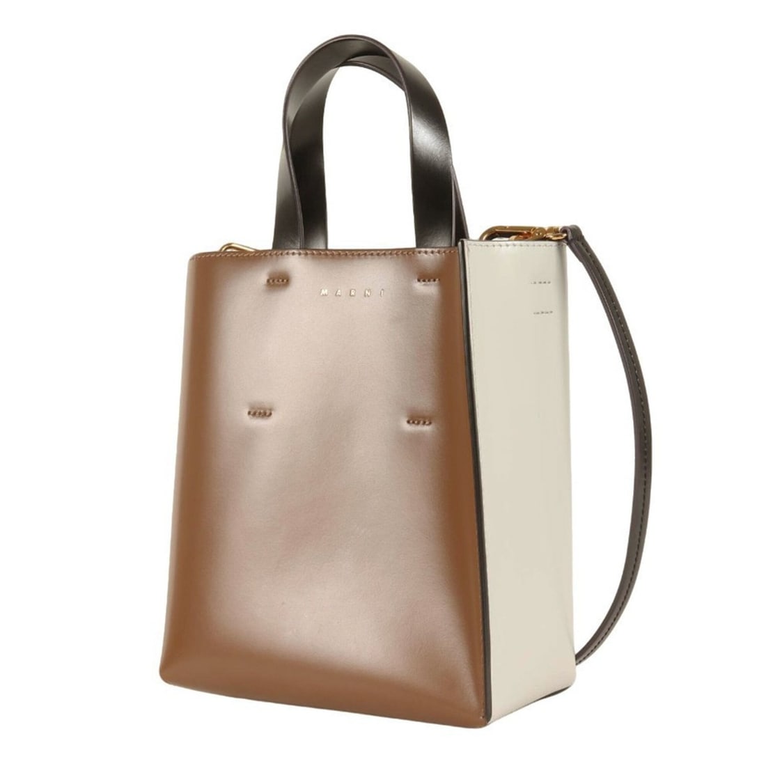 MARNI bag, brown x light gray black, Museo mini MUSEO tote 2-way crossbody calf leather, made in: --- Catalog ---Category: SizeSize (HxWxD): 23cm x 23cm x 10cm / 9.05'' x 9.05'' x 3.93''Category: DesignType: Pouch, Tote bagColor: Black, Brown, Light grayGender: WomenMaterial: Cotton , Leather , El
