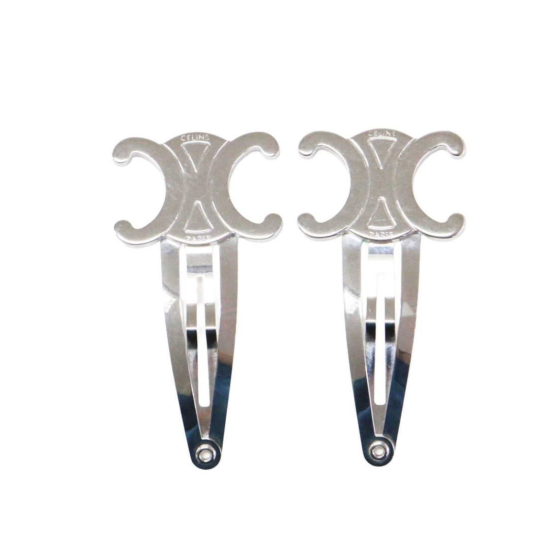 CELINE Spring/Summer 2026 Snap Hair Clips (Set of 2) Rhodium Finish Brass Steel Barrette Hairpin: --- Catalog ---Category: SizeSize (LxW): 6cm / 2.36''Category: DesignType: Hair clipColor: SilverGender: WomenCategory: GeneralBrand: CelineCountry of Origin: Italy--- Item List ---Section: ConditionR