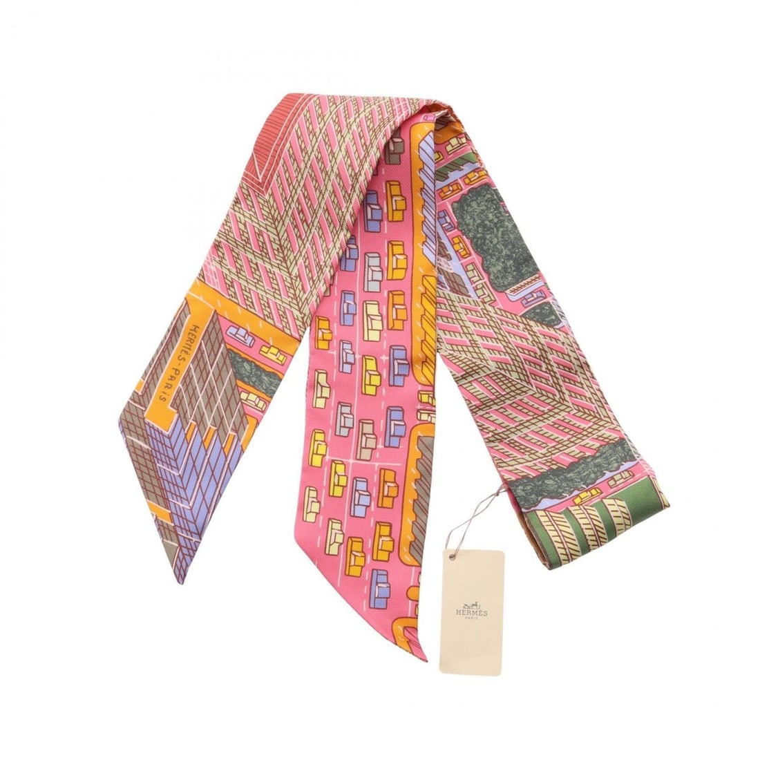 Hermes Twilly Pantin City Ribbon Scarf Muffler Silk Women's Pink Multicolor: --- Catalog ---Category: SizeSize (LxW): 85cm x 5cm / 33.46'' x 1.96''Category: DesignType: ScarfColor: Multi-color, PinkGender: WomenMaterial: Silk Category: GeneralBrand: Hermes--- Item List ---Sect