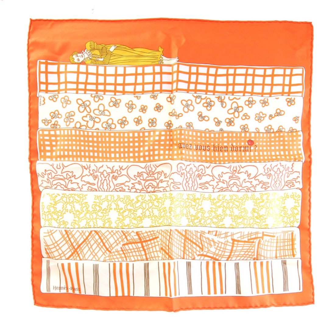 Hermes scarf/muffler, Carre 42, "Aves-vous bien dormi?" (Did you sleep well?), orange, 100% silk,: --- Catalog ---Category: SizeSize (LxW): 41.5cm x 42cm / 16.33'' x 16.53''Category: DesignType: ScarfColor: OrangeGender: WomenMaterial: Silk 100%Category: GeneralBrand: HermesCountry of Origin: Franc