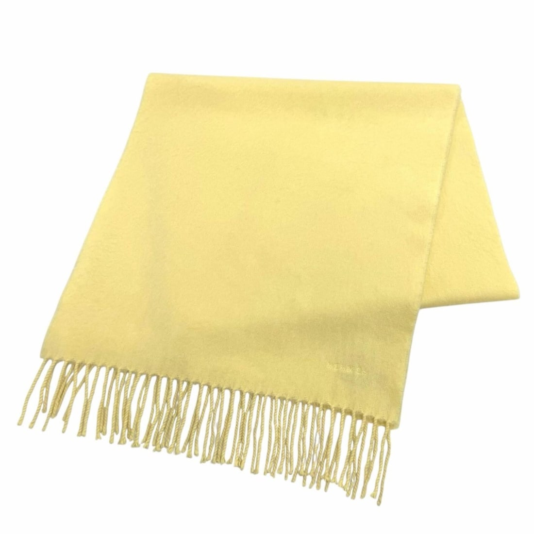 HERMES 100% Cashmere Logo Embroidered Fringe Stole/Scarf, Yellow, Made in Scotland, Women's: --- Catalog ---Category: SizeSize (LxW): 1.49m x 40cm / 58.66'' x 15.74''Category: DesignType: StoleColor: YellowGender: WomenMaterial: Cashmere Category: GeneralBrand: Hermes--- Item List