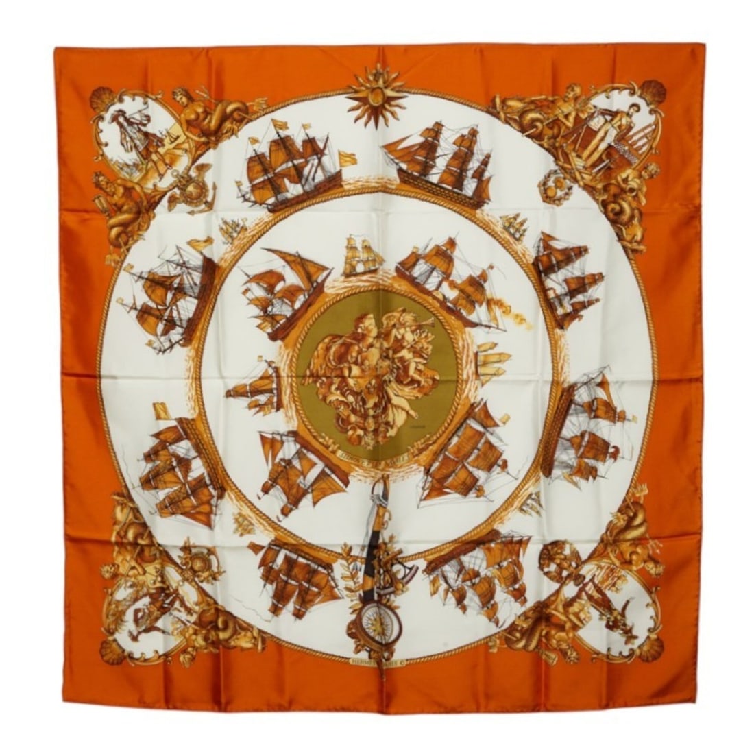 Hermes Carre 90 SILHOUETTES NAVALES (Navy Silhouettes) Scarf/Muffler, Large Size, Camel/Ivory Tones,: --- Catalog ---Category: SizeSize (LxW): 88cm x 87cm / 34.64'' x 34.25''Category: DesignType: ScarfColor: Camel, IvoryGender: WomenMaterial: Silk Category: GeneralBrand: Hermes--- Item List ---Section