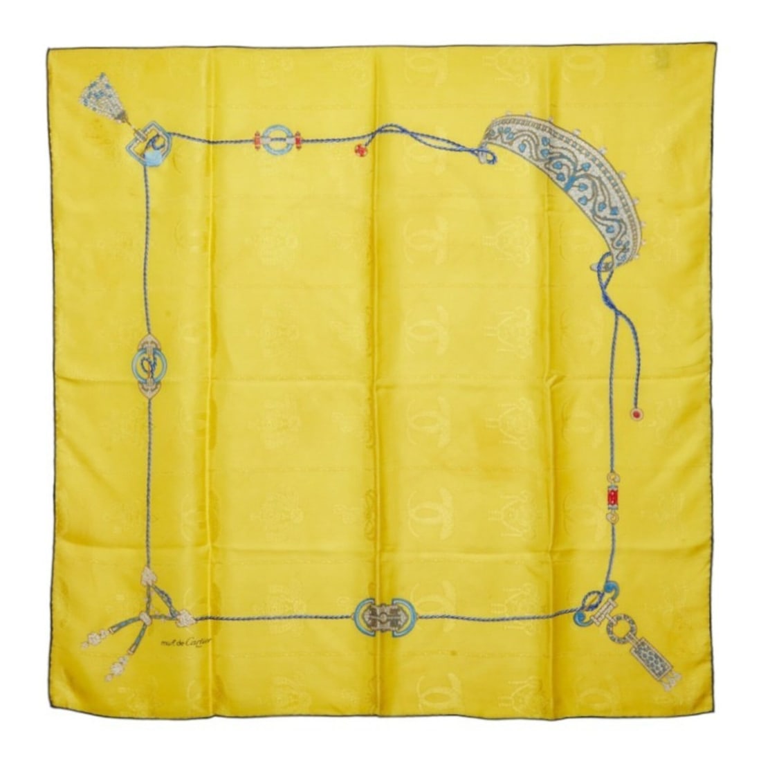 Cartier jewelry motif scarf/muffler, yellow silk, women's.: --- Catalog ---Category: SizeSize (LxW): 87cm x 86cm / 34.25'' x 33.85''Category: DesignType: ScarfColor: YellowGender: WomenCategory: GeneralBrand: Cartier--- Item List ---Section: ConditionRanking: 