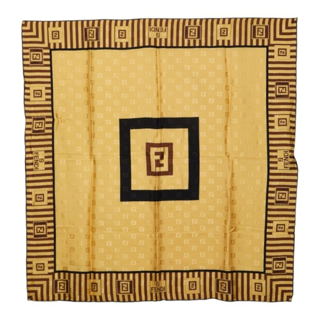 Fendi Zucca Scarf/Muffler, Large Size, Yellow/Black Silk, Women's FENDI: --- Catalog ---Category: SizeSize (LxW): 88cm x 87cm / 34.64'' x 34.25''Category: DesignType: ScarfColor: Black, YellowGender: WomenMaterial: Silk Category: GeneralBrand: Fendi--- Item List ---Section