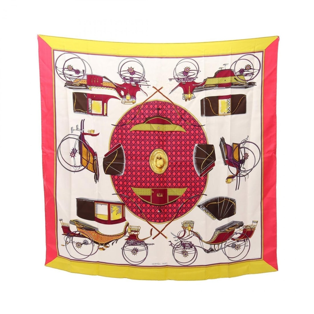 Hermes Carre 90 Les Voitures a Transformation Scarf/Muffler, Silk, Women's, White/Pink/Multicolor: --- Catalog ---Category: SizeSize (LxW): 88cm x 88cm / 34.64'' x 34.64''Category: DesignType: ScarfColor: Multi-color, Pink, WhiteGender: WomenMaterial: Silk Category: GeneralBrand: Hermes--- Item Lis