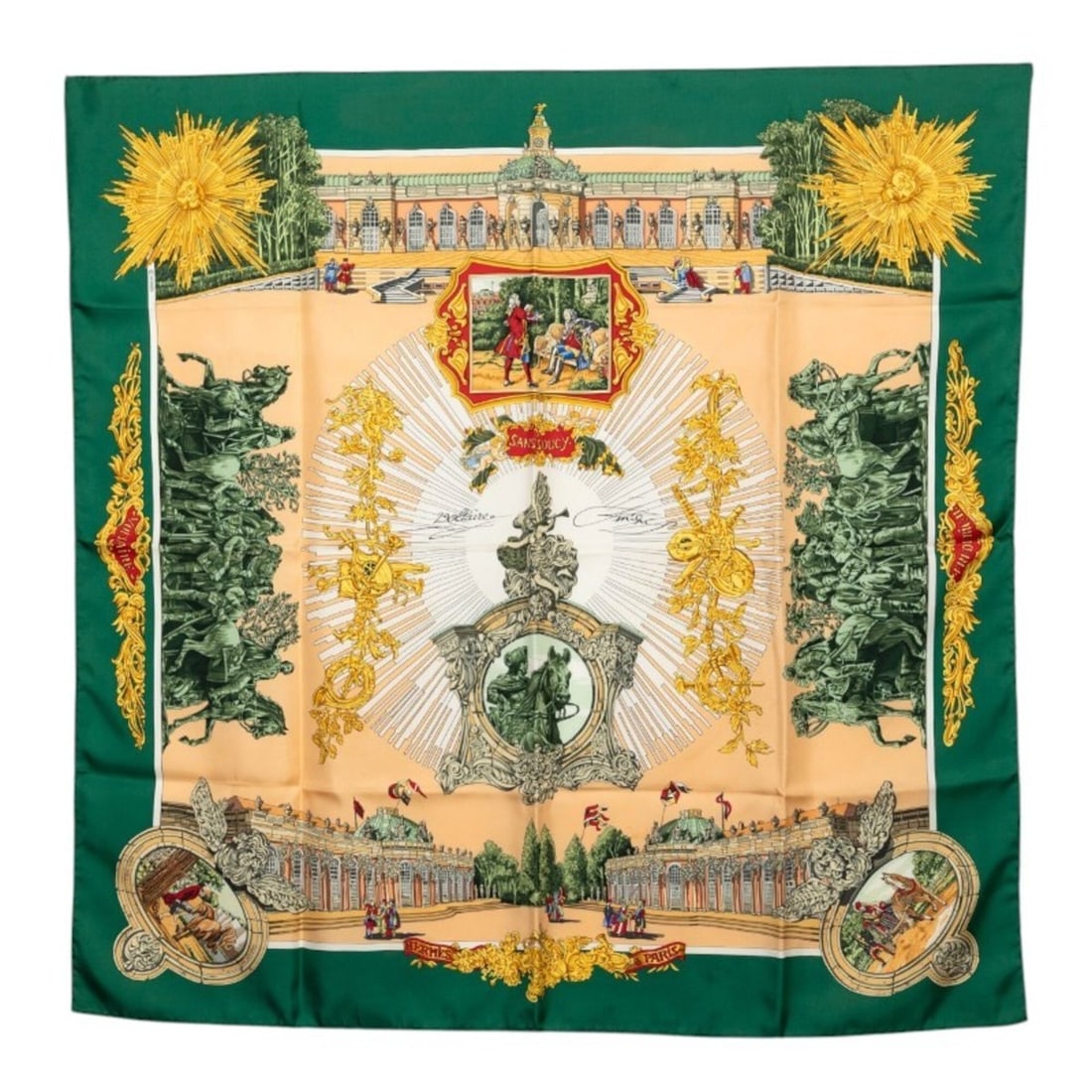 Hermes Carre 90 Sanssouci Palace Scarf/Muffler, Large Size, Green Multicolor Silk, Women's: --- Catalog ---Category: SizeSize (LxW): 89cm x 90cm / 35.03'' x 35.43''Category: DesignType: ScarfColor: Green, Multi-colorGender: WomenMaterial: Silk Category: GeneralBrand: Hermes--- Item List ---S
