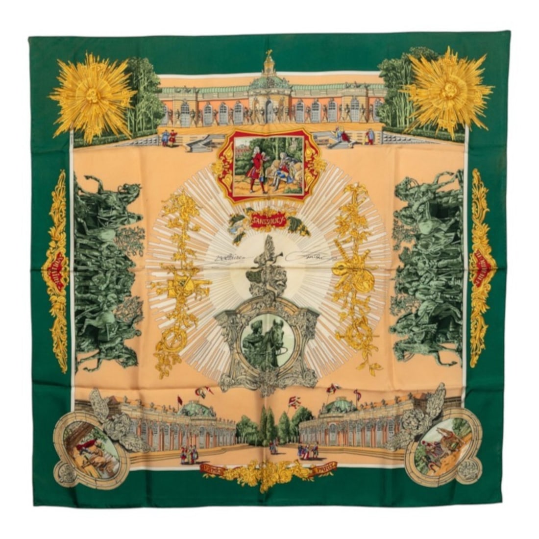 Hermes Carre 90 Sanssouci Palace Scarf/Muffler, Green Multicolor Silk, Women's: --- Catalog ---Category: SizeSize (LxW): 87cm x 89cm / 34.25'' x 35.03''Category: DesignType: ScarfColor: Green, Multi-colorGender: WomenMaterial: Silk Category: GeneralBrand: Hermes--- Item List ---S