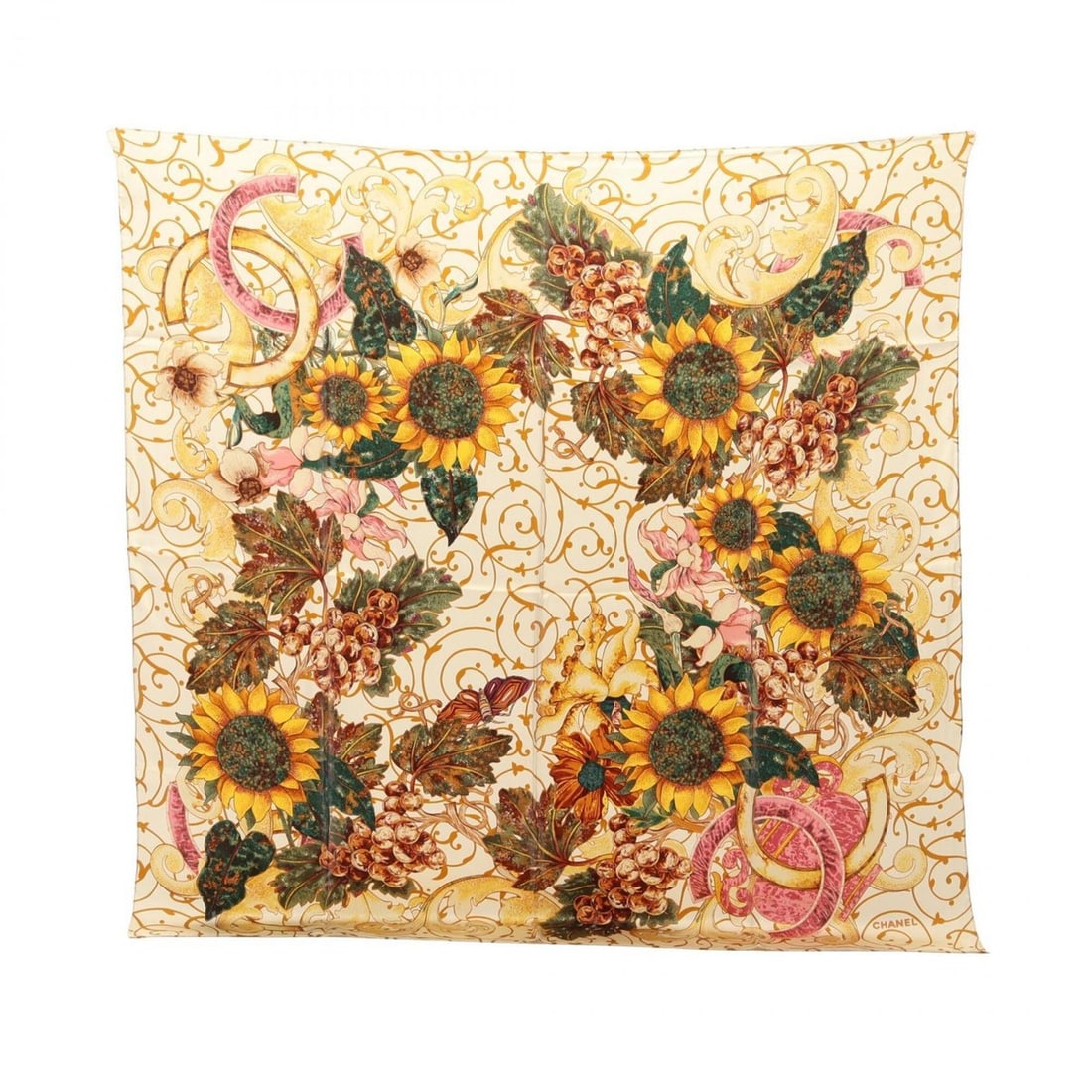 Chanel Coco Mark Floral Scarf/Muffler, Silk, Women's, Yellow/Multicolor: --- Catalog ---Category: SizeSize (LxW): 95cm x 95cm / 37.4'' x 37.4''Category: DesignType: ScarfColor: Multi-color, YellowGender: WomenMaterial: Silk Category: GeneralBrand: Chanel--- Item List ---Se