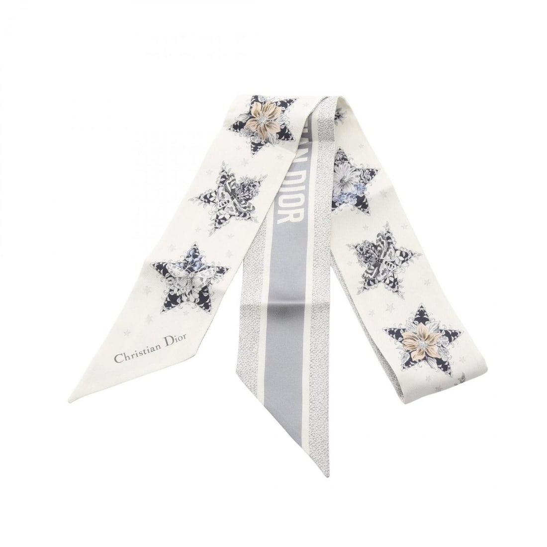 Christian Dior Dior Mitzah LUCKY STAR Ribbon Scarf/Muffler, Silk, Women's, White/Gray: --- Catalog ---Category: SizeSize (LxW): 1.05m x 6cm / 41.33'' x 2.36''Category: DesignType: ScarfColor: Gray, WhiteGender: WomenMaterial: Silk Category: GeneralBrand: Christian Dior--- Item List ---S