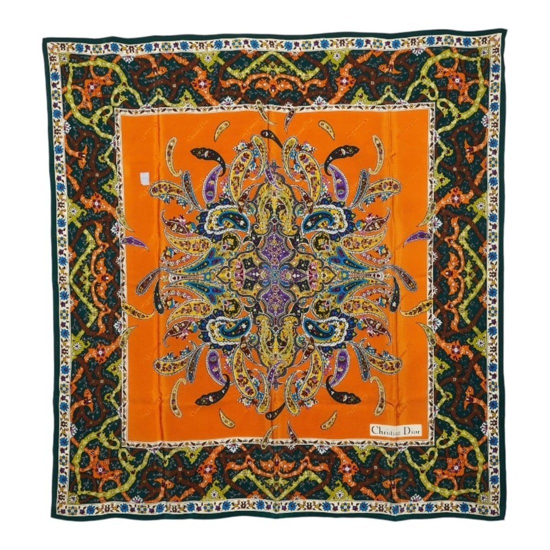 Christian Dior Dior Vintage Paisley Scarf Muffler Orange Green Multicolor Silk Women's: --- Catalog ---Category: SizeSize (LxW): 77cm x 76.5cm / 30.31'' x 30.11''Category: DesignType: ScarfColor: Green, Multi-color, OrangeGender: WomenSeason: VintageMaterial: Silk Category:
