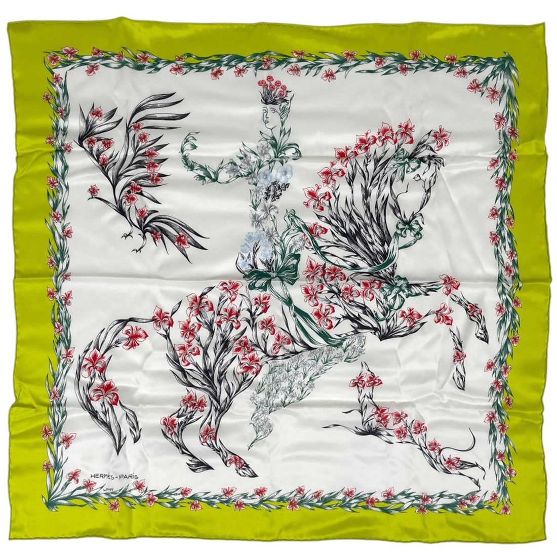 Hermes scarf/muffler, floral horse design, silk, green, white, multicolor, women's.: --- Catalog ---Category: SizeSize (LxW): 67cm x 66cm / 26.37'' x 25.98''Category: DesignType: ScarfColor: Green, Multi-color, WhiteGender: WomenMaterial: Silk Category: GeneralBrand: Hermes--- Item Li