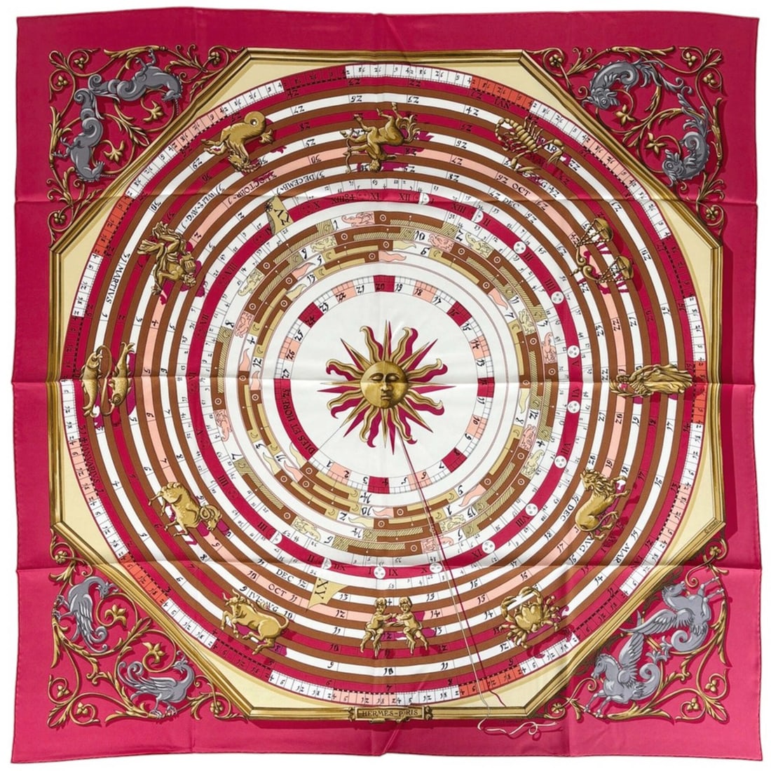 Hermes Carre 90 Dies et Hore Scarf/Muffler, Astrology, Sun, Silk, Pink, Multicolor, Women's: --- Catalog ---Category: SizeSize (LxW): 89cm x 89cm / 35.03'' x 35.03''Category: DesignType: ScarfColor: Multi-color, PinkGender: WomenMaterial: Silk Category: GeneralBrand: Hermes--- Item List ---Se