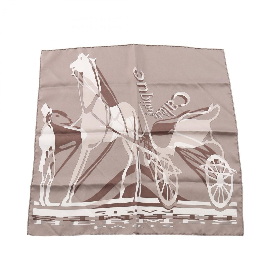 Hermes Petit Carré Carre 45 Caleche Elastique Scarf/Muffler, Silk, Women's, Gray, White, Brown: --- Catalog ---Category: SizeSize (LxW): 42cm x 42cm / 16.53'' x 16.53''Category: DesignType: ScarfColor: Brown, Gray, WhiteGender: WomenMaterial: Silk Category: GeneralBrand: Hermes--- Item List ---S