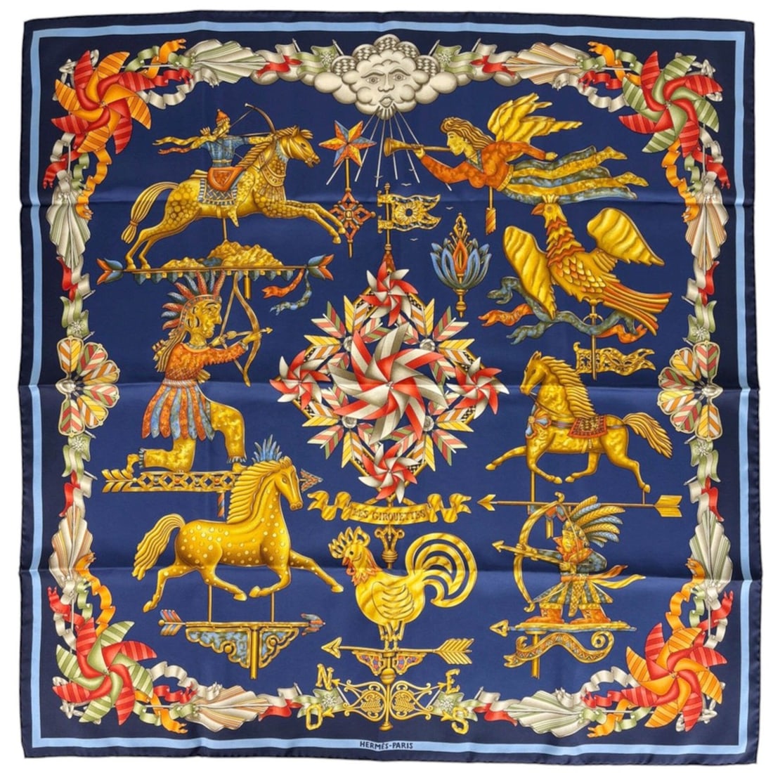 Hermes Carre 90 Les Girouettes Scarf/Muffler, Wind Vane Design, Silk, Navy, Multicolor, Women's (1 of 17)