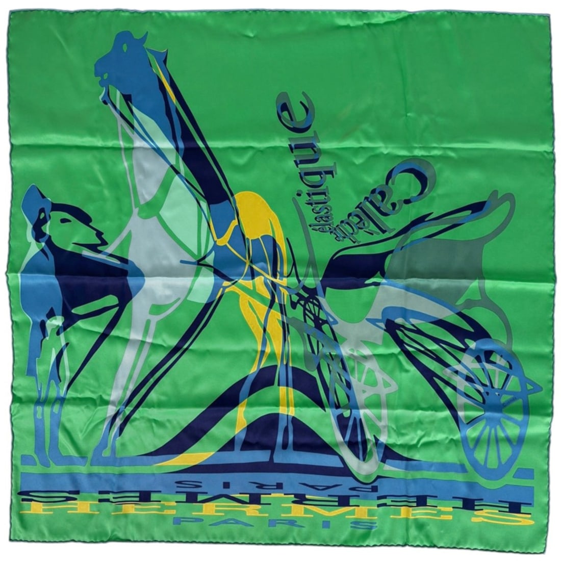 Hermes Carre 70 Caleche Elastic Scarf/Muffler - Silk Green, Blue, Yellow Women's: --- Catalog ---Category: SizeSize (LxW): 70cm x 66.5cm / 27.55'' x 26.18''Category: DesignType: ScarfColor: Blue, Green, YellowGender: WomenMaterial: Silk Category: GeneralBrand: Hermes--- Item List -