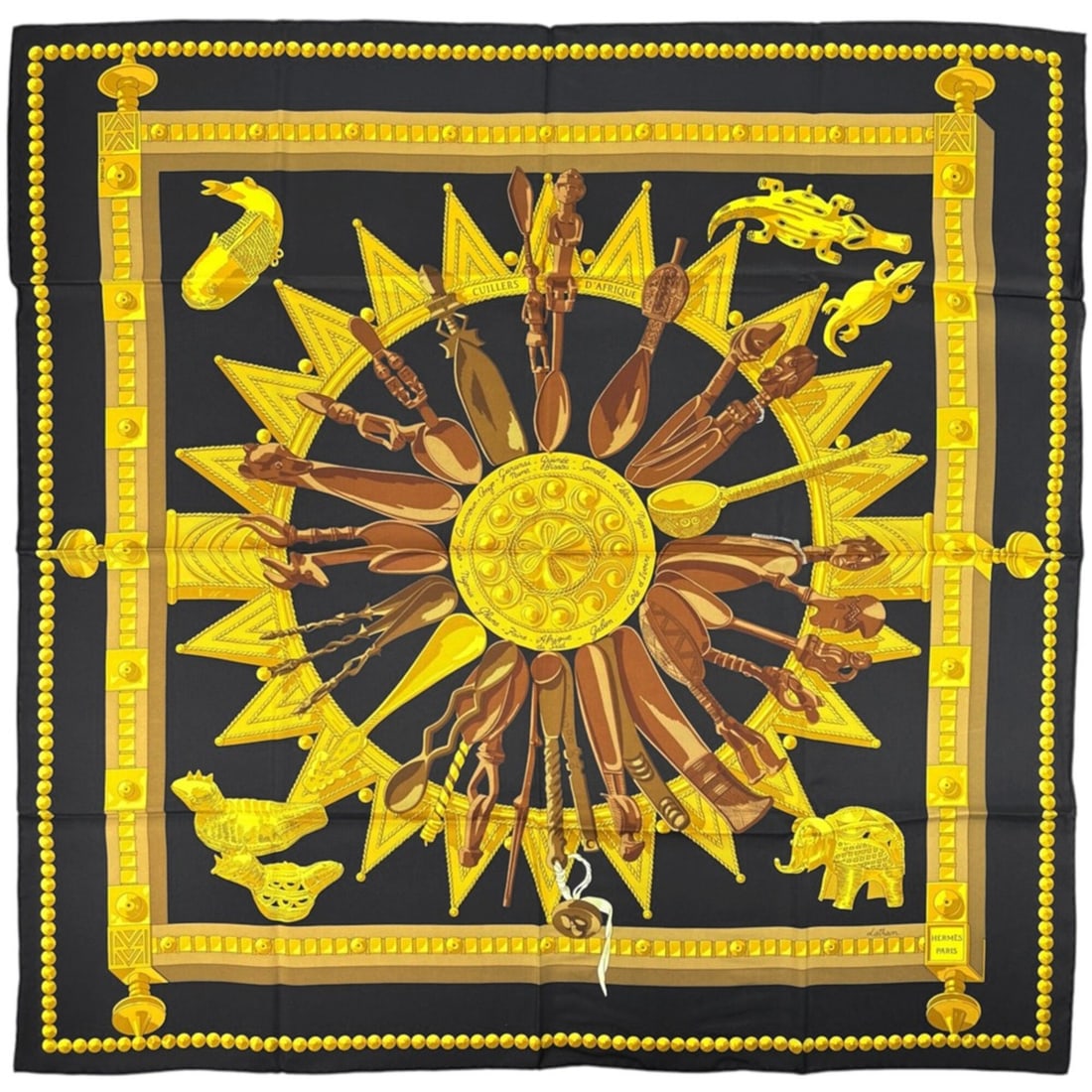 Hermes Carre 90 Cuillers D'Afrique Scarf/Muffler, African Spoon Design, Silk, Black & Gold, Women's: --- Catalog ---Category: SizeSize (LxW): 89.5cm x 90cm / 35.23'' x 35.43''Category: DesignType: ScarfColor: Black, GoldGender: WomenMaterial: Silk Category: GeneralBrand: Hermes--- Item List ---Sectio