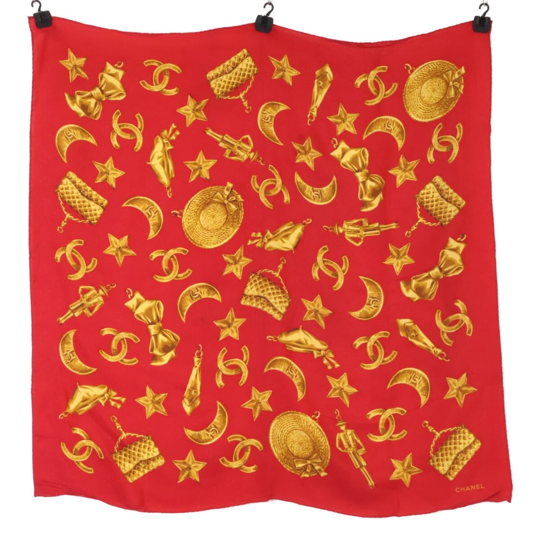 CHANEL Vintage Coco Mark x All-over Pattern Silk Scarf/Muffler, Red Gold, Women's: --- Catalog ---Category: SizeSize (LxW): 86cm x 84cm / 33.85'' x 33.07''Category: DesignType: ScarfColor: Gold, Red colorGender: WomenMaterial: Silk Category: GeneralBrand: Chanel--- Item List ---Sect