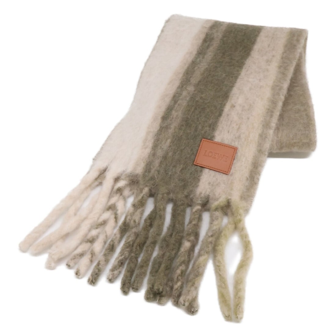LOEWE (Loewe) Striped Leather Logo Patch Alpaca Blend Fringe Stole/Scarf, Beige x Khaki, Women's: --- Catalog ---Category: SizeSize (LxW): 2.25m x 23.5cm / 88.58'' x 9.25''Category: DesignType: StoleColor: Beige, KhakiGender: WomenMaterial: Alpaca Category: GeneralBrand: Loewe--- Item List ---Sect