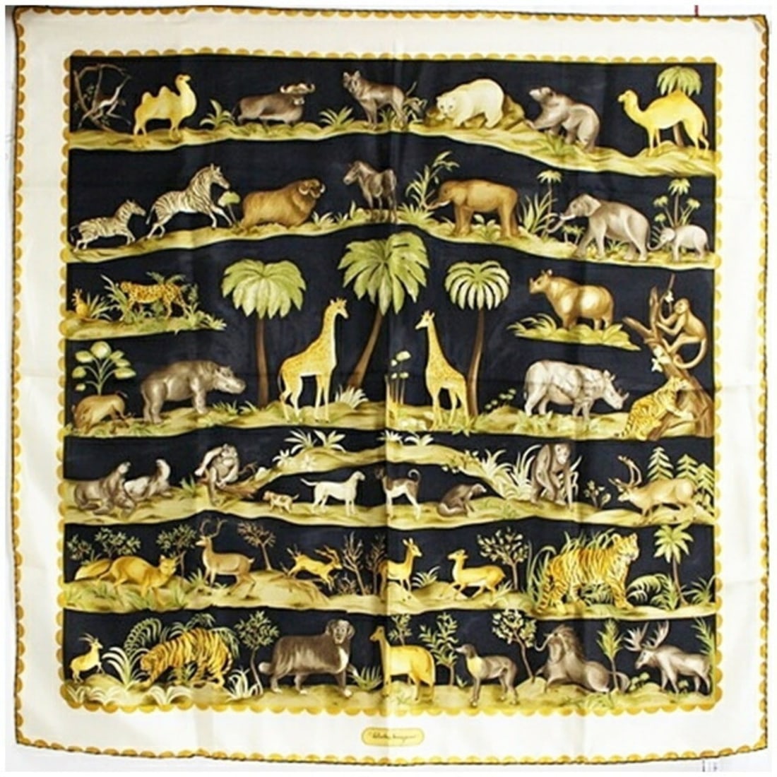 Salvatore Ferragamo Silk Scarf/Muffler, Black x Cream, Animal Print, Women's: --- Catalog ---Category: SizeSize (LxW): 88cm x 86cm / 34.64'' x 33.85''Category: DesignType: ScarfColor: Black, CreamGender: Men,WomenMaterial: Silk Category: GeneralBrand: Salvatore Ferragamo--- Ite