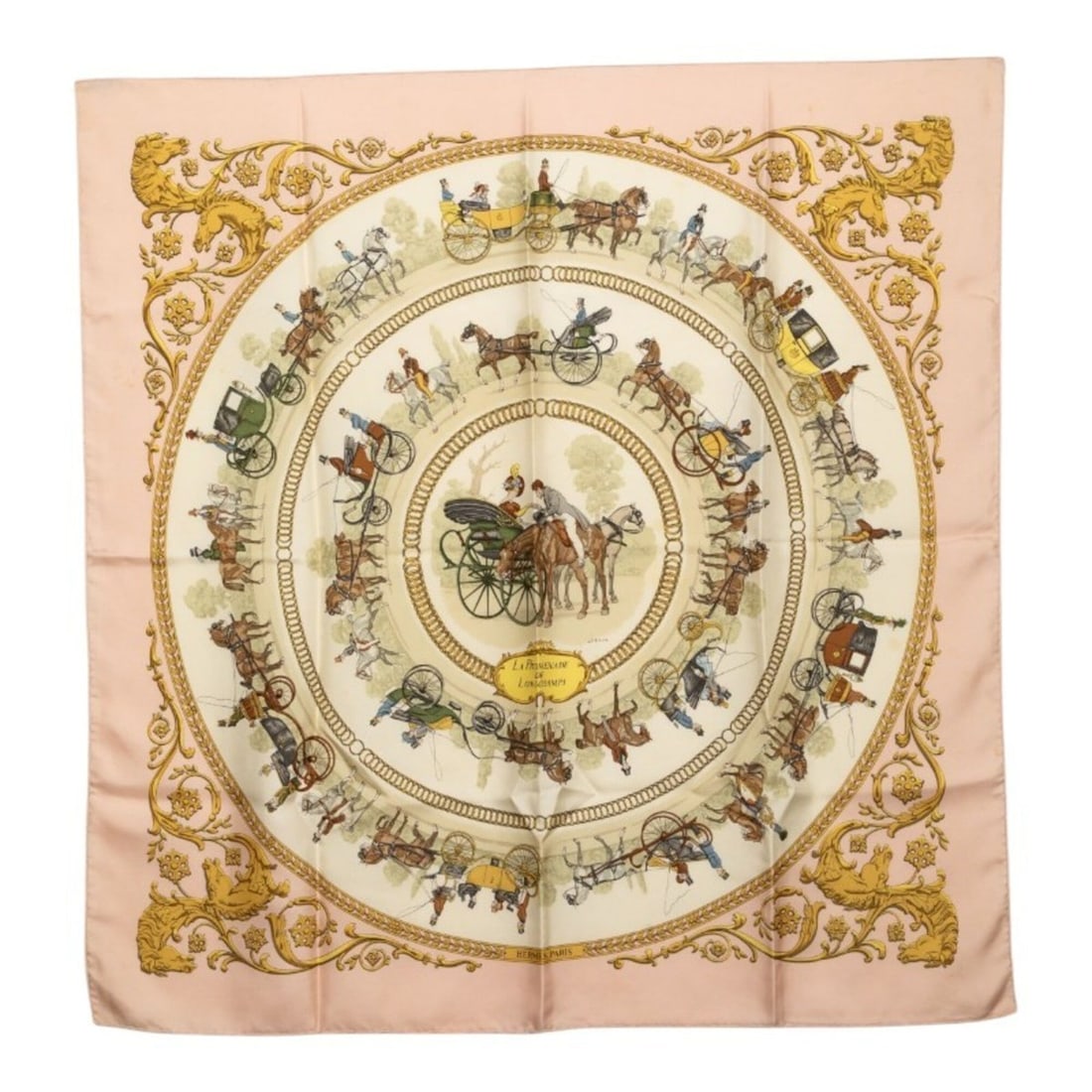 Hermes Carre 90 LA PROMENADE DE LONGCHAMPS (A Walk to Longchamp) Scarf/Muffler, Pink/Ivory Silk,: --- Catalog ---Category: SizeSize (LxW): 88.5cm x 87cm / 34.84'' x 34.25''Category: DesignType: ScarfColor: Ivory, PinkGender: WomenMaterial: Silk Category: GeneralBrand: Hermes--- Item List ---Sectio