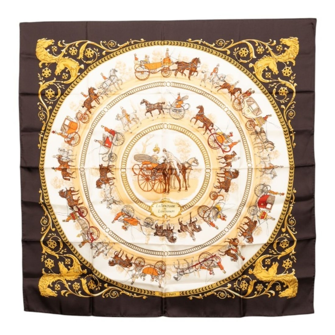Hermes Carre 90 LA PROMENADE DE LONGCHAMPS (A Walk to Longchamp) Scarf/Muffler, Brown Multicolor: --- Catalog ---Category: SizeSize (LxW): 88cm x 88.5cm / 34.64'' x 34.84''Category: DesignType: ScarfColor: Brown, Multi-colorGender: WomenMaterial: Silk Category: GeneralBrand: Hermes--- Item List --