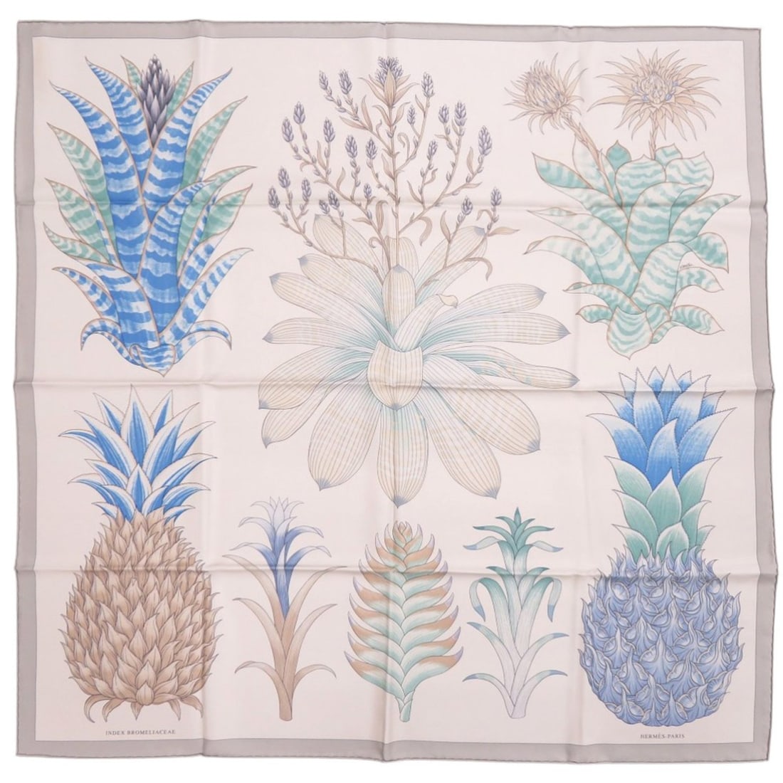 Hermes Carre 90 Index Bromeliaceae (Bromeliad Catalog) Silk Grey Scarf/Muffler 0287HERMES: --- Catalog ---Category: DesignType: ScarfColor: Blue, GrayGender: WomenMaterial: Silk Category: GeneralBrand: HermesCountry of Origin: France--- Item List ---Section: ConditionRanking: Rank S Used - 