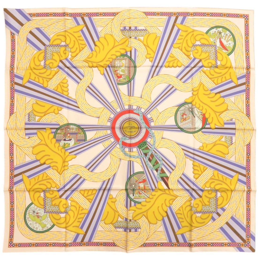 Hermes Carre 90 Double Face A la Lumiere du Flambeau (Torchlight) Silk Yellow Scarf/Muffler (1 of 10)