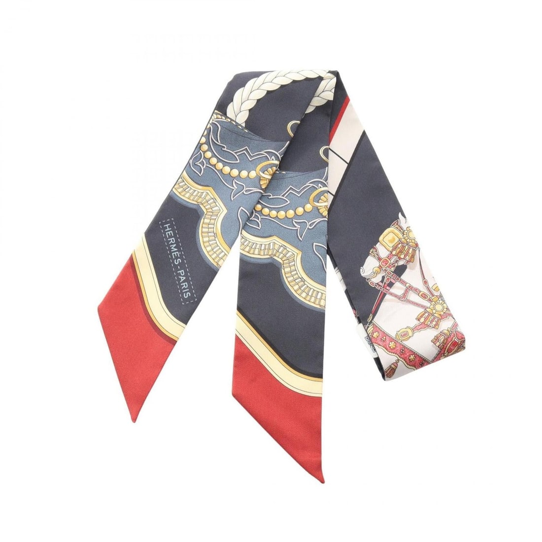 Hermes Twilly GRAND APPARAT Ribbon Scarf Muffler Silk Women's Navy Yellow Multicolor: --- Catalog ---Category: SizeSize (LxW): 87cm x 5cm / 34.25'' x 1.96''Category: DesignType: ScarfColor: Multi-color, Navy, YellowGender: WomenMaterial: Silk Category: GeneralBrand: Hermes--- Item List