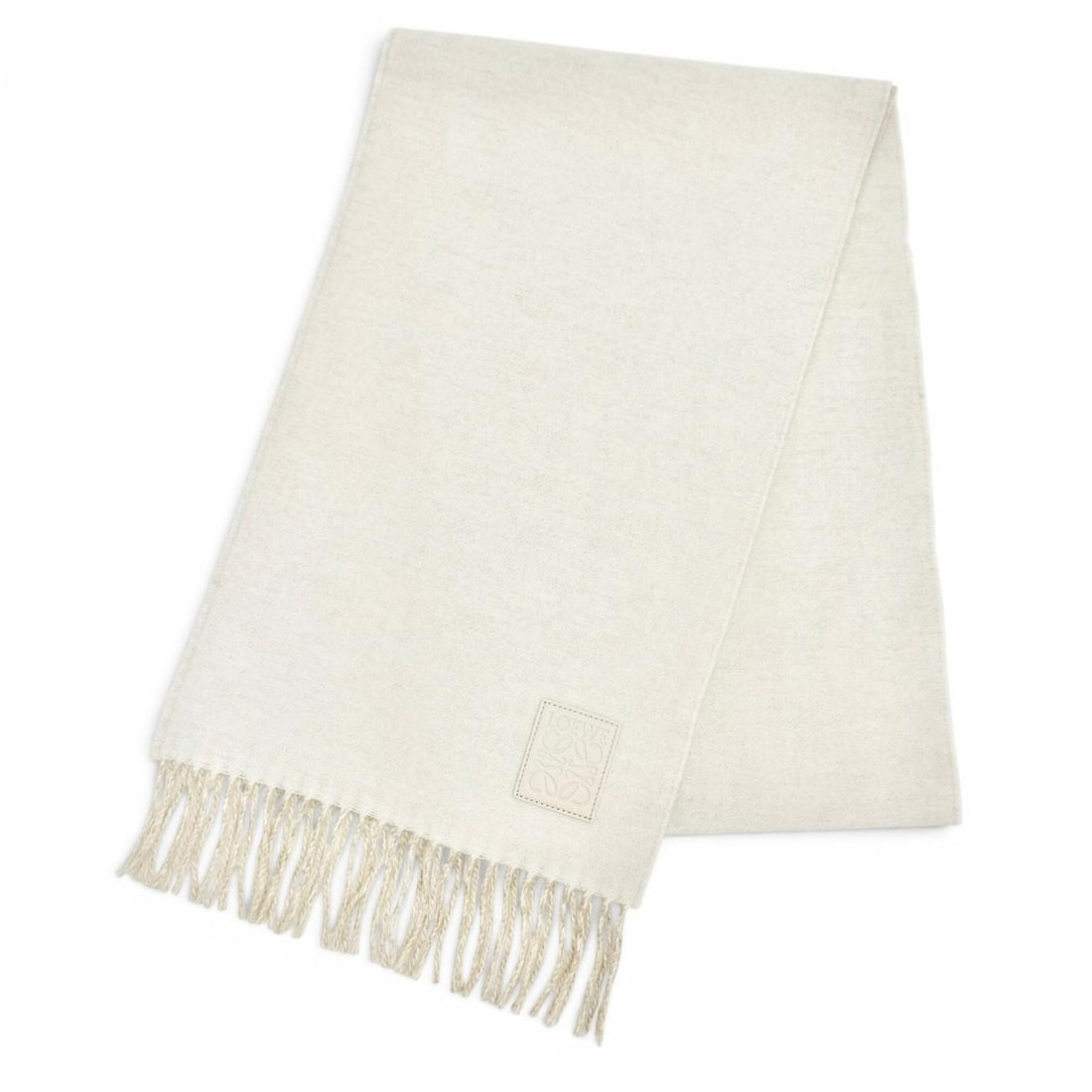 LOEWE wool cashmere anagram logo leather patch fringe long stole/scarf in ivory/beige. Made England. (1 of 10)