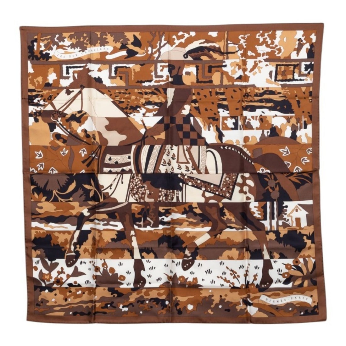 Hermes Carre 90 LES DIX CAVALIERS (Ten Knights) Scarf/Muffler, Brown/Black Silk, Women's.: --- Catalog ---Category: SizeSize (LxW): 89cm x 87.5cm / 35.03'' x 34.44''Category: DesignType: ScarfColor: Black, BrownGender: WomenMaterial: Silk Category: GeneralBrand: Hermes--- Item List ---Secti