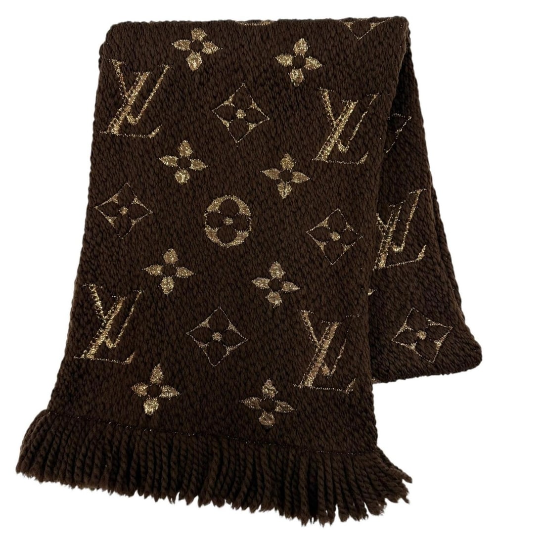 LOUIS VUITTON M71383 Echarpe Logomania Shine Wool Silk Marron Monogram Fringe Stole Scarf, Made in: --- Catalog ---Category: SizeSize (LxW): 1.52m x 28cm / 59.84'' x 11.02''Category: DesignType: StoleGender: WomenMaterial: Wool , Silk , Polyester Category: GeneralMPN: M71383Brand: Louis VuittonCount