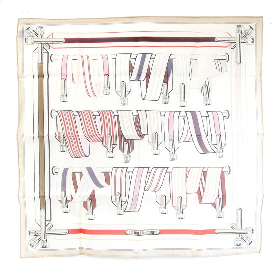 Hermes Scarf/Muffler, Carre 42, Sangles en Finesse, Off-White/Beige, 100% Cotton, Petit Carre, Belt: --- Catalog ---Category: SizeSize (LxW): 42cm x 42.5cm / 16.53'' x 16.73''Category: DesignType: ScarfColor: Beige, Off-whiteGender: WomenMaterial: Cotton Category: GeneralBrand: HermesCountry of Origi