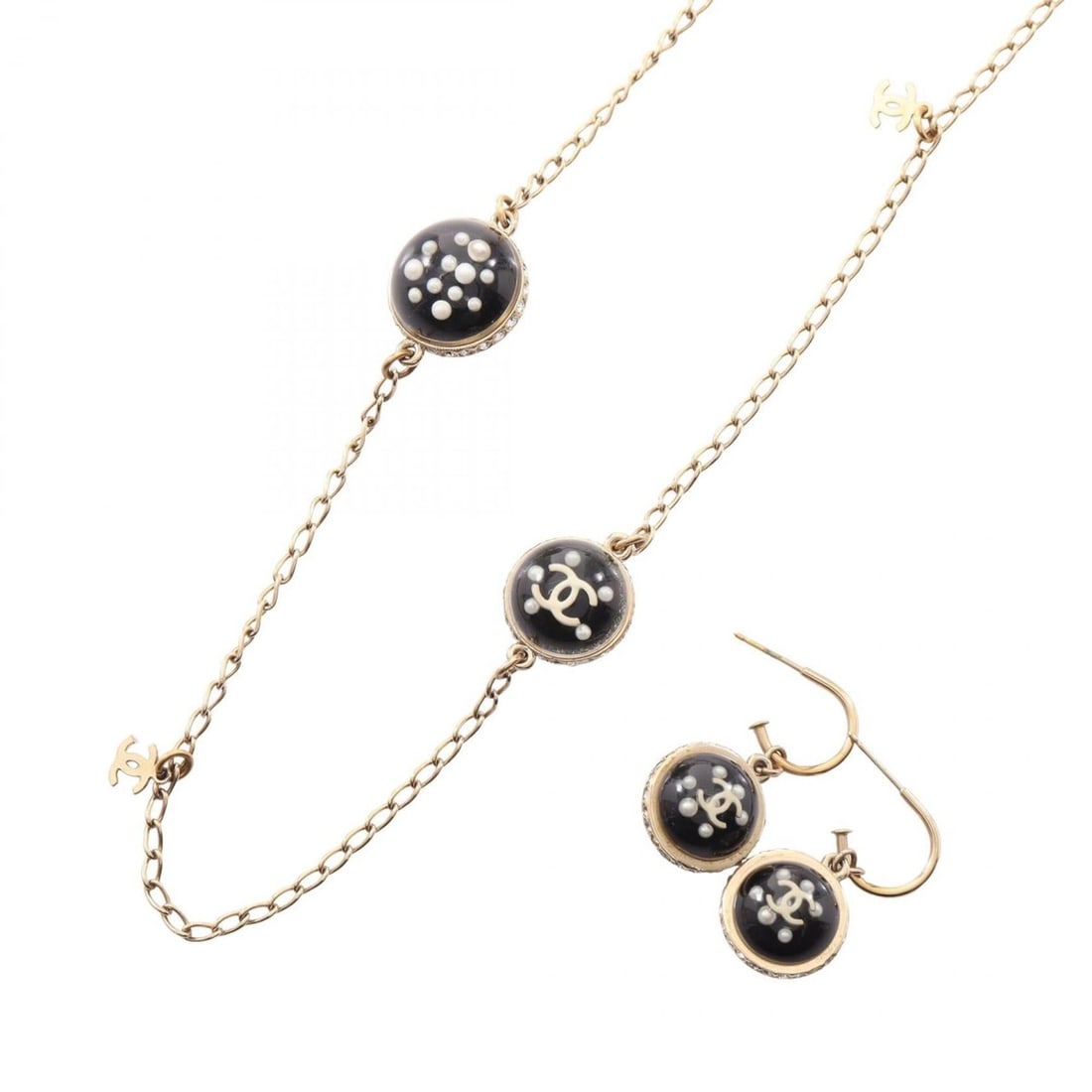 Chanel 10C Coco Mark Necklace and Earrings Set (2 pieces) - Gold Plated (GP) Jewelry with Faux: --- Catalog ---Category: SizePendant Size: 17mm x 17mm / 0.66'' x 0.66''Neck Circumference: 96 cm - 101 cm / 37.79'' - 39.76''Category: DesignColor: Black, Clear, GoldStone: RhinestoneGender: WomenMat