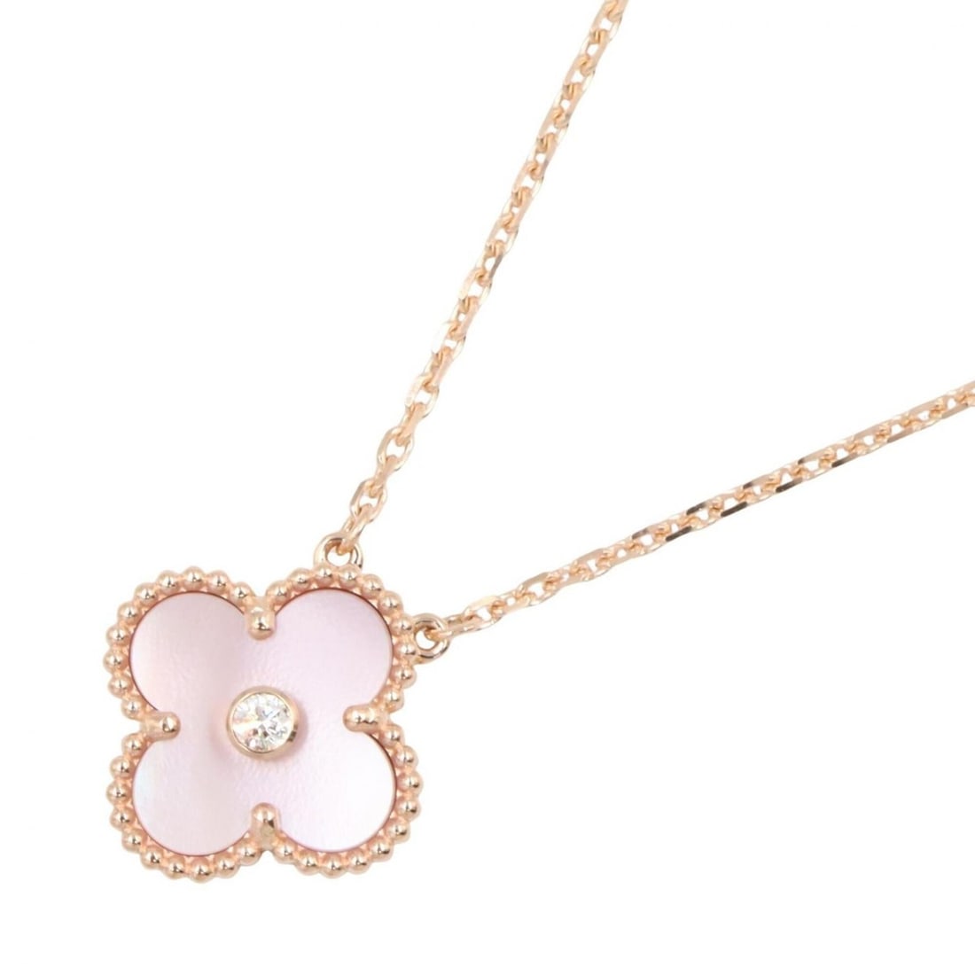 Van Cleef & Arpels Vintage Alhambra Pink Mother-of-Pearl 1PD Necklace Jewelry 18KPG (Pink Gold): --- Catalog ---Category: SizePendant Size: 15mm x 15mm / 0.59'' x 0.59''Neck Circumference: 37 cm - 41.5 cm / 14.56'' - 16.33''Category: DesignColor: Clear, Gold, PinkGender: WomenMaterial: Pink gold 