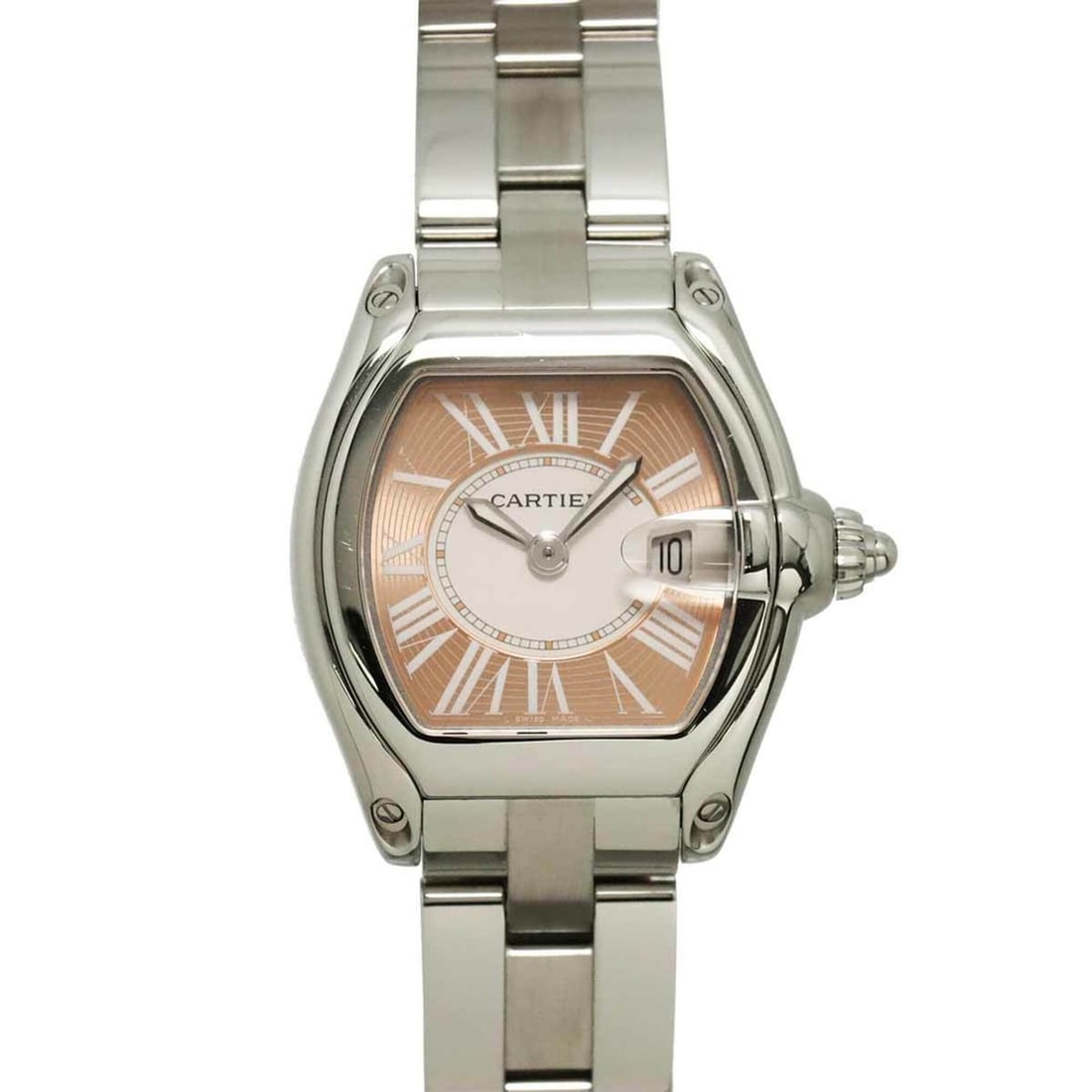 Cartier Roadster SM W62054V3 Ladies' Watch, Date, Pink, Quartz Watch: --- Catalog ---Category: SizeWrist Size: 15cm / 5.9''Case Diameter: 33mm / 1.3''Category: DesignType: WristwatchGender: WomenColor (Dial): Ivory, PinkMaterial (Band): Stainless steelMaterial (Case): S
