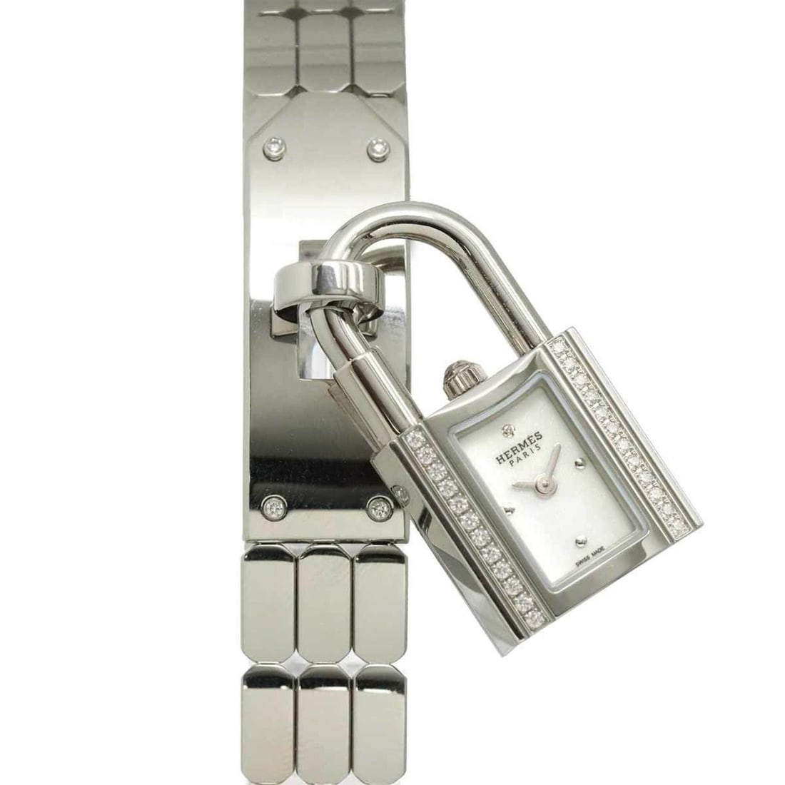 Hermes Kelly Watch KE4 130b Diamond Bezel Women's White Quartz with Padlock: --- Catalog ---Category: SizeWrist Size: 15.5cm / 6.1''Case Diameter: 16mm / 0.63''Category: DesignType: WristwatchGender: WomenColor (Dial): WhiteMaterial (Band): Stainless steelMaterial (Case): Stai