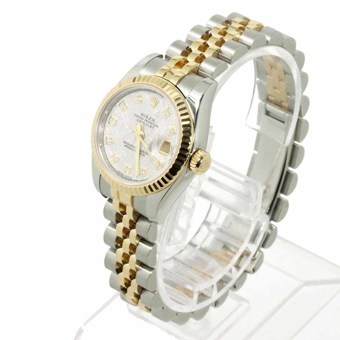 Rolex ROLEX 179173G Datejust V-serial Roulette 10P Diamond Meteorite Ladies Watch 18KYG Yellow Gold: --- Catalog ---Category: SizeWrist Size: 17cm / 6.69''Case Diameter: 26mm / 1.02''Category: DesignType: WristwatchGender: WomenMaterial (Band): Stainless steel, Yellow gold (18K)Material (Case): Stain