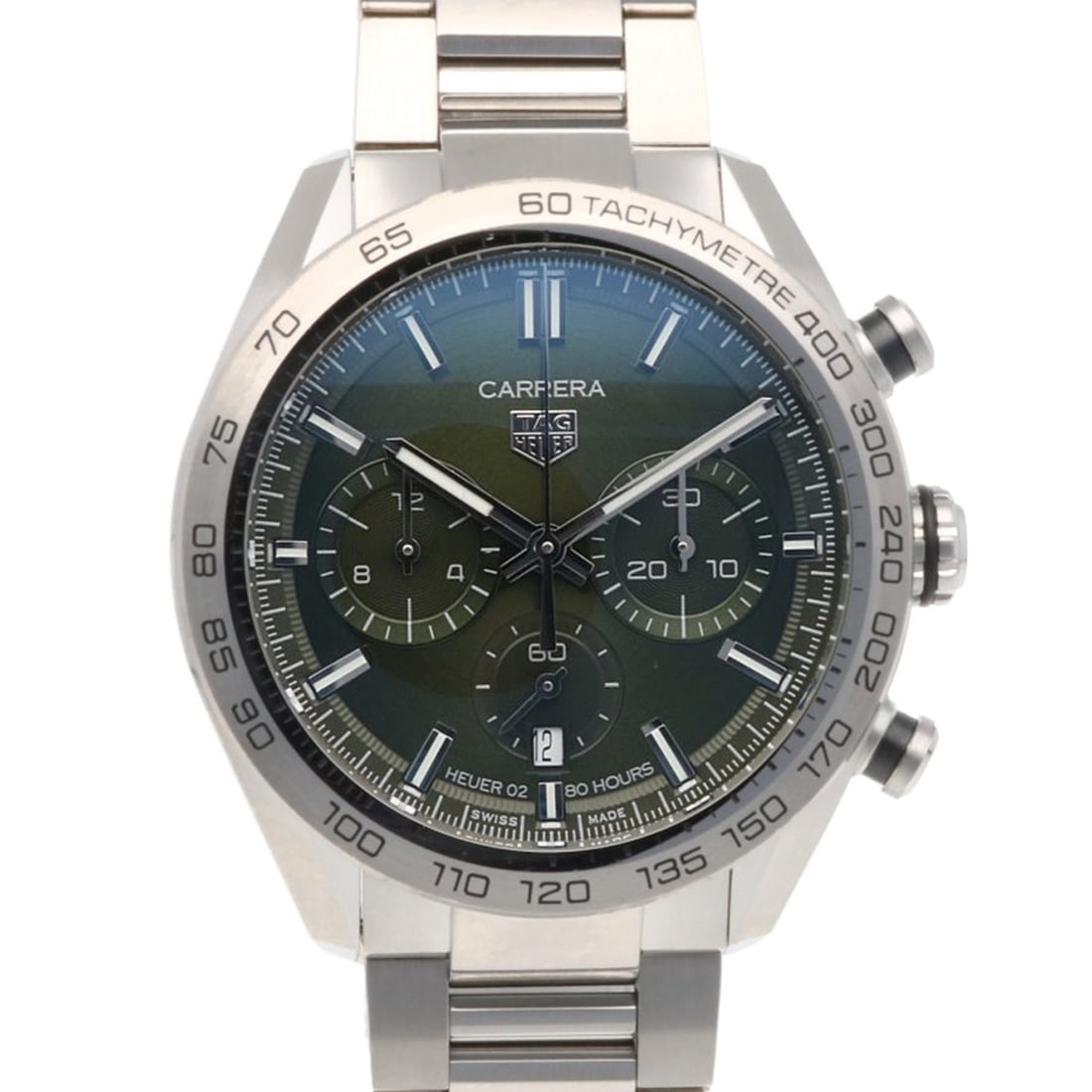 TAG Heuer Carrera Calibre 02 Watch, Stainless Steel, CBN2A10, Automatic Winding, Overhauled,: --- Catalog ---Category: SizeWrist Size: 20cm / 7.87''Case Diameter: 44mm / 1.73''Category: DesignType: WristwatchGender: MenColor (Dial): GreenMaterial (Band): Stainless steelMaterial (Case): Stainle