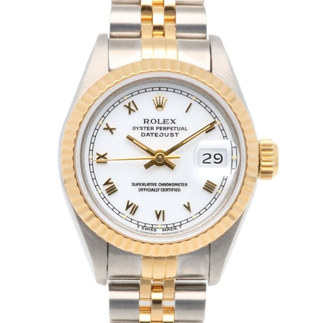 Rolex Datejust Oyster Perpetual Wristwatch, Stainless Steel, 69173, Automatic Winding, Polished,: --- Catalog ---Category: SizeWrist Size: 17cm / 6.69''Case Diameter: 26mm / 1.02''Category: DesignType: WristwatchGender: WomenColor (Dial): WhiteMaterial (Band): Stainless steel, Yellow gold (18K)Mat