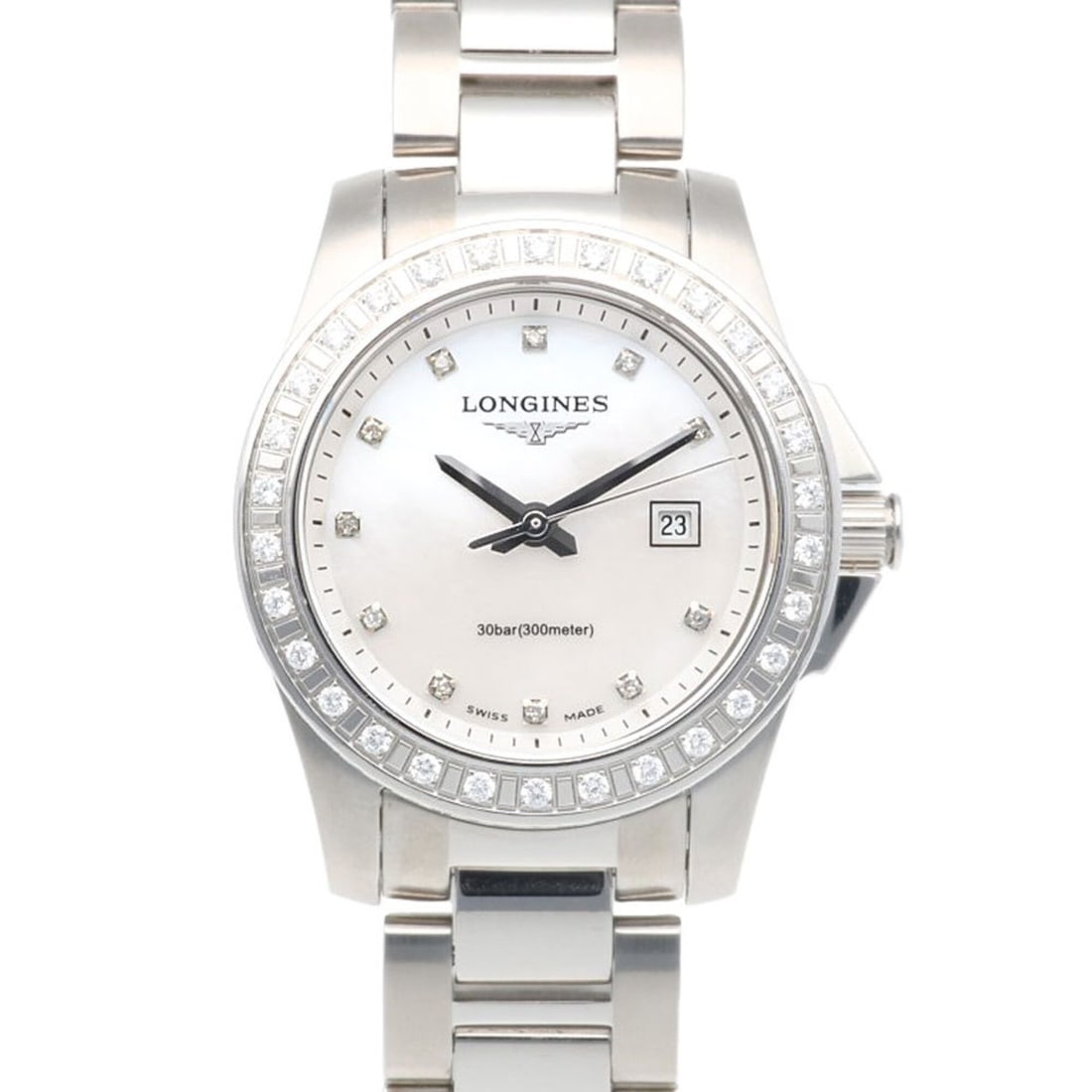 Longines Conquest watch, stainless steel, quartz, ladies', L3.258.0, LONGINES, slightly flawed,: --- Catalog ---Category: SizeWrist Size: 17cm / 6.69''Case Diameter: 29.5mm / 1.16''Category: DesignType: WristwatchGender: WomenColor (Dial): White shellMaterial (Band): Stainless steelMaterial (Case