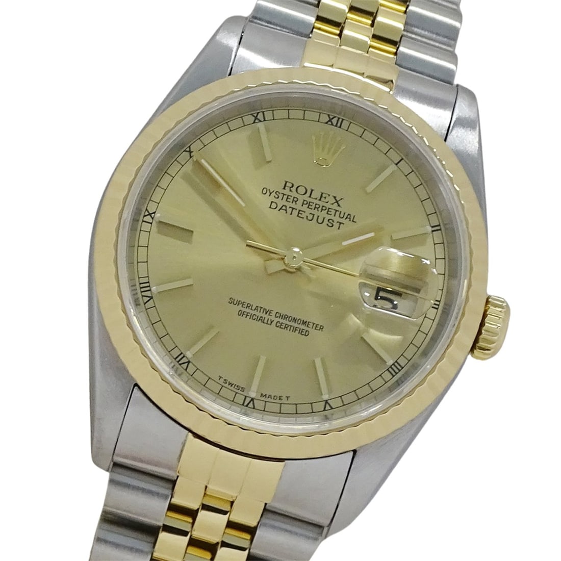 Rolex Datejust 16233 T-serial Men's Watch, Brand Name, Automatic Movement, Stainless Steel (SS) and: --- Catalog ---Category: SizeWrist Size: 19cm / 7.48''Case Diameter: 35mm / 1.38''Category: DesignType: WristwatchGender: MenColor (Dial): GoldMaterial (Band): Stainless steel, Yellow goldMaterial (Ca