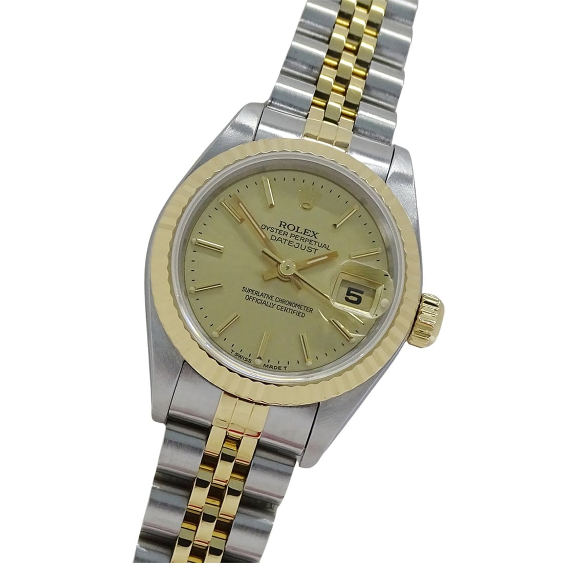 Rolex Datejust 69173 W-serial, Ladies' Automatic Watch, Stainless Steel (SS) and Gold (YG): --- Catalog ---Category: SizeWrist Size: 16.5cm / 6.49''Case Diameter: 26mm / 1.02''Category: DesignType: WristwatchGender: WomenColor (Dial): GoldMaterial (Band): Stainless steel, Yellow goldMaterial