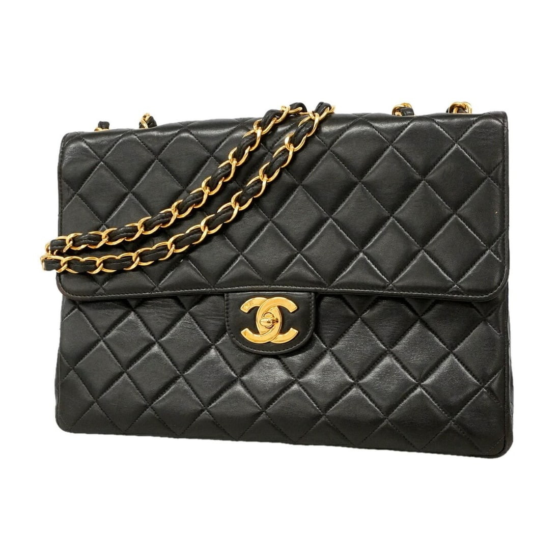 Chanel Shoulder Bag, Large Matelassé, Double Chain, Lambskin, Black, Women's (1 of 12)