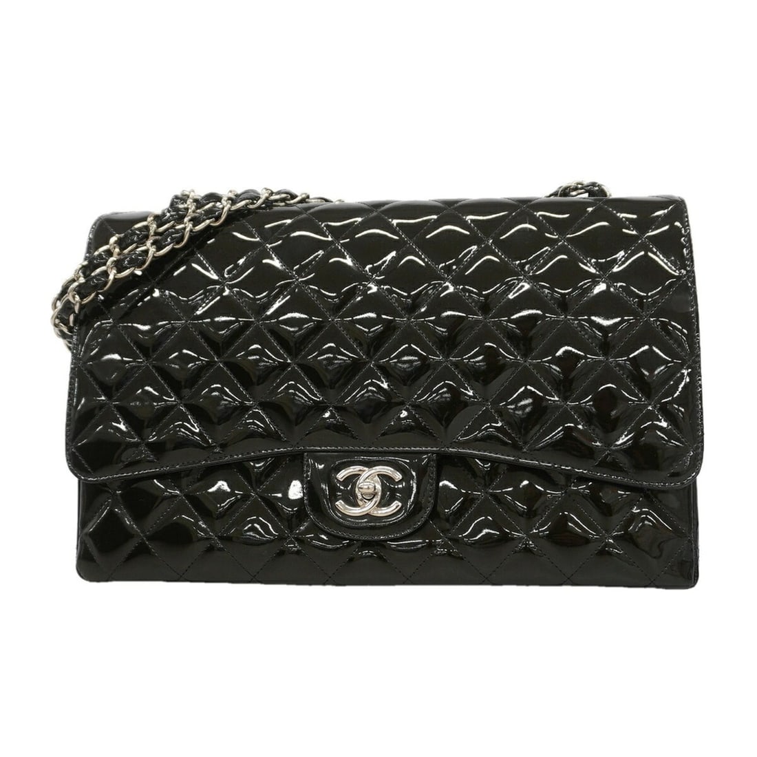 Chanel Shoulder Bag, Large Matelassé, Double Chain, Patent Leather, Black, Women's, OP019265: --- Catalog ---Category: SizeSize (HxWxD): 21cm x 33cm x 10cm / 8.26'' x 12.99'' x 3.93''Category: DesignType: Shoulder bagColor: BlackGender: WomenMaterial: Patent leather Hardware Color: SilverCateg