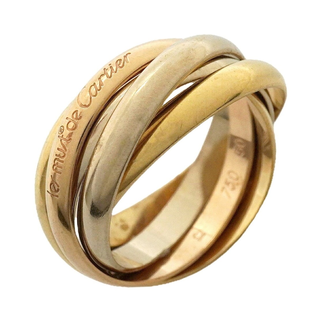 Cartier Trinity Ring, 5-band, 18K Yellow Gold (KYG), White (18KWG), Pink (18KPG), Size #50, Ladies': --- Catalog ---Category: SizeUS Size: 5.5Brand Size: 50Category: DesignType: Band ringGender: WomenMaterial: Pink gold (18K), White gold (18K), Yellow gold (18K)Category: GeneralBrand: Cartier--- Item