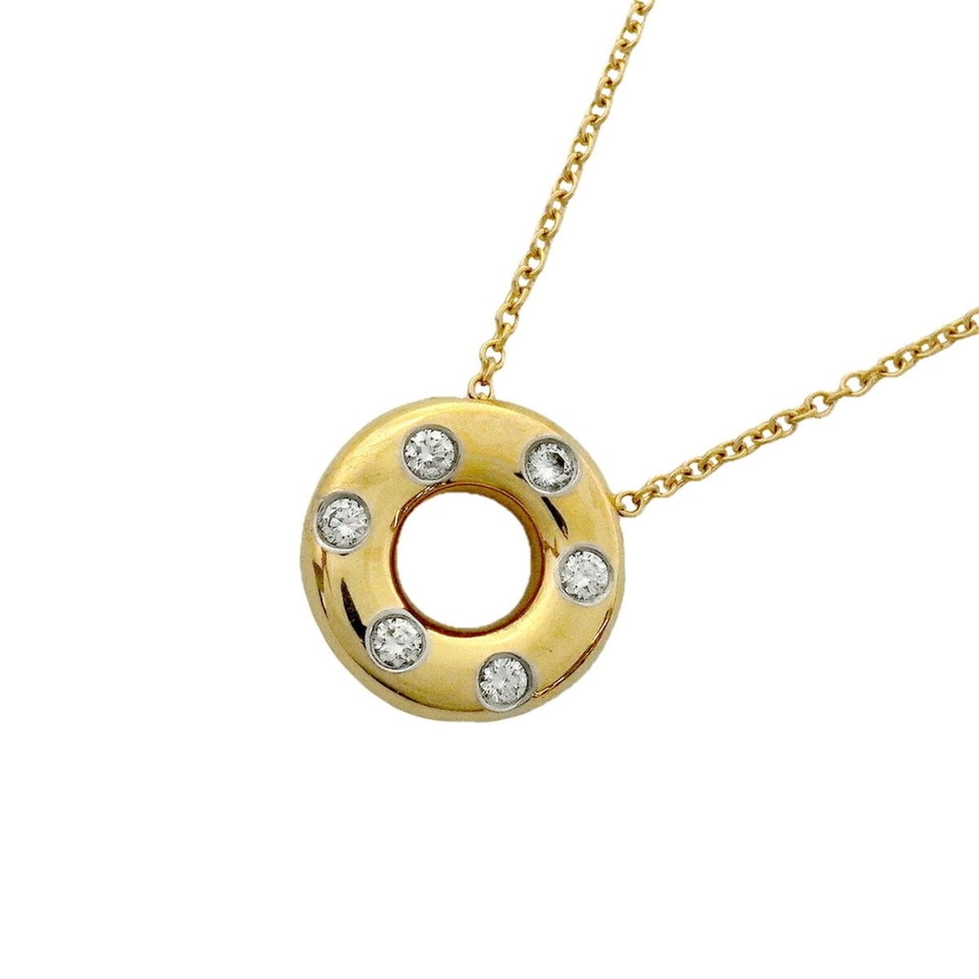 Tiffany & Co. Dots Circle Necklace, 18K Yellow Gold (KYG), Platinum (Pt950), Diamond, Ladies': --- Catalog ---Category: SizePendant Size: 12.5mm x 12.5mm / 0.49'' x 0.49''Neck Circumference: 41 cm / 16.14''Category: DesignStone: DiamondGender: WomenMaterial: Platinum 950, Yellow gold (18K)Neckl