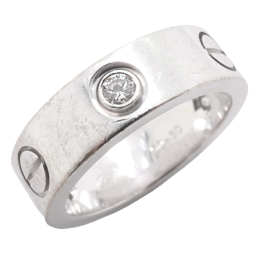Cartier Love Ring, 3PD, 18K White Gold, Diamond, Size #50, Women's: --- Catalog ---Category: SizeUS Size: 5.5Brand Size: 50Category: DesignType: Band ringStone: DiamondGender: WomenMaterial: White gold (18K)Category: GeneralBrand: Cartier--- Item List ---Section: Cond